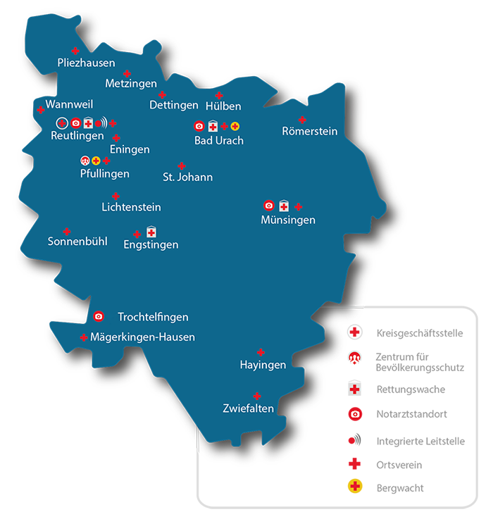 Karte mit den Rettungswachen des Landkreises Reutlingen